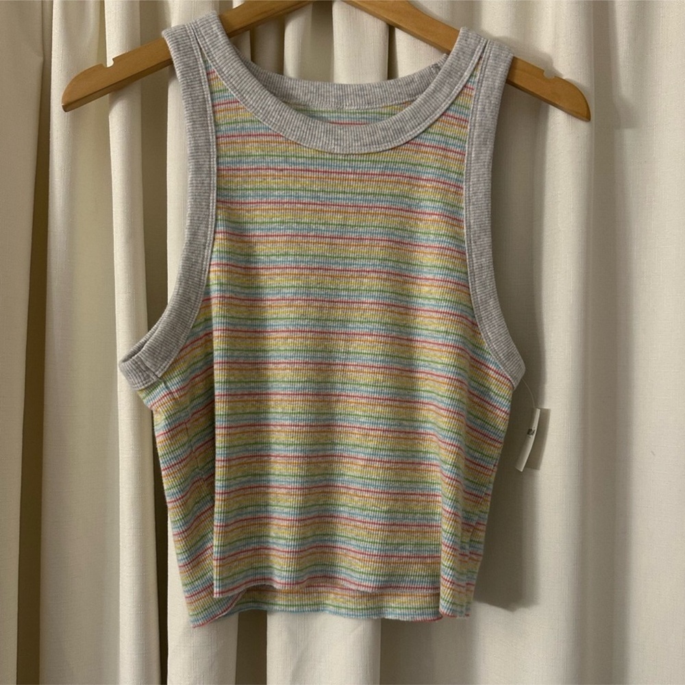 NWT AERIE “Free Spirit Ribbed Tank Top” Tee Striped Gray Cropped in Cotton